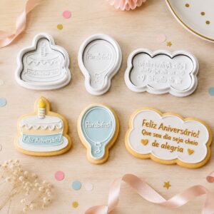 Kit Com 3 Cortadores de Biscoitos Parabéns
